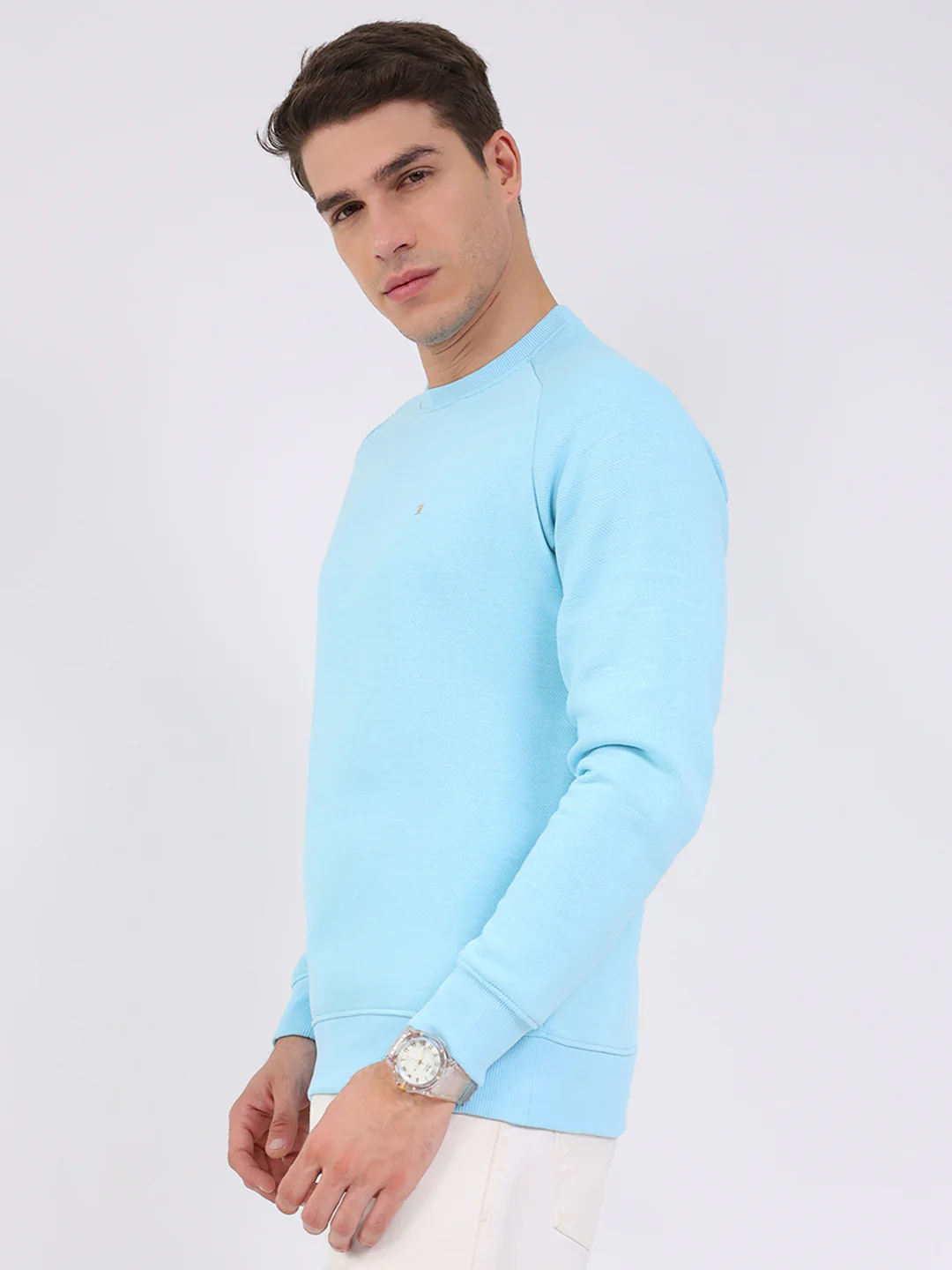 Luxuria Men Sky Blue Solid Round Neck Full Sleeve Sweatshirt - Image 3