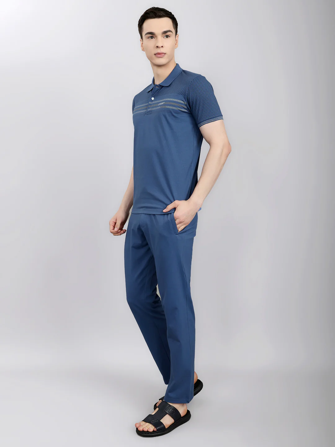 Luxuria Men Sky Blue Solid Round Neck Half Sleeve Lower Set - Image 2