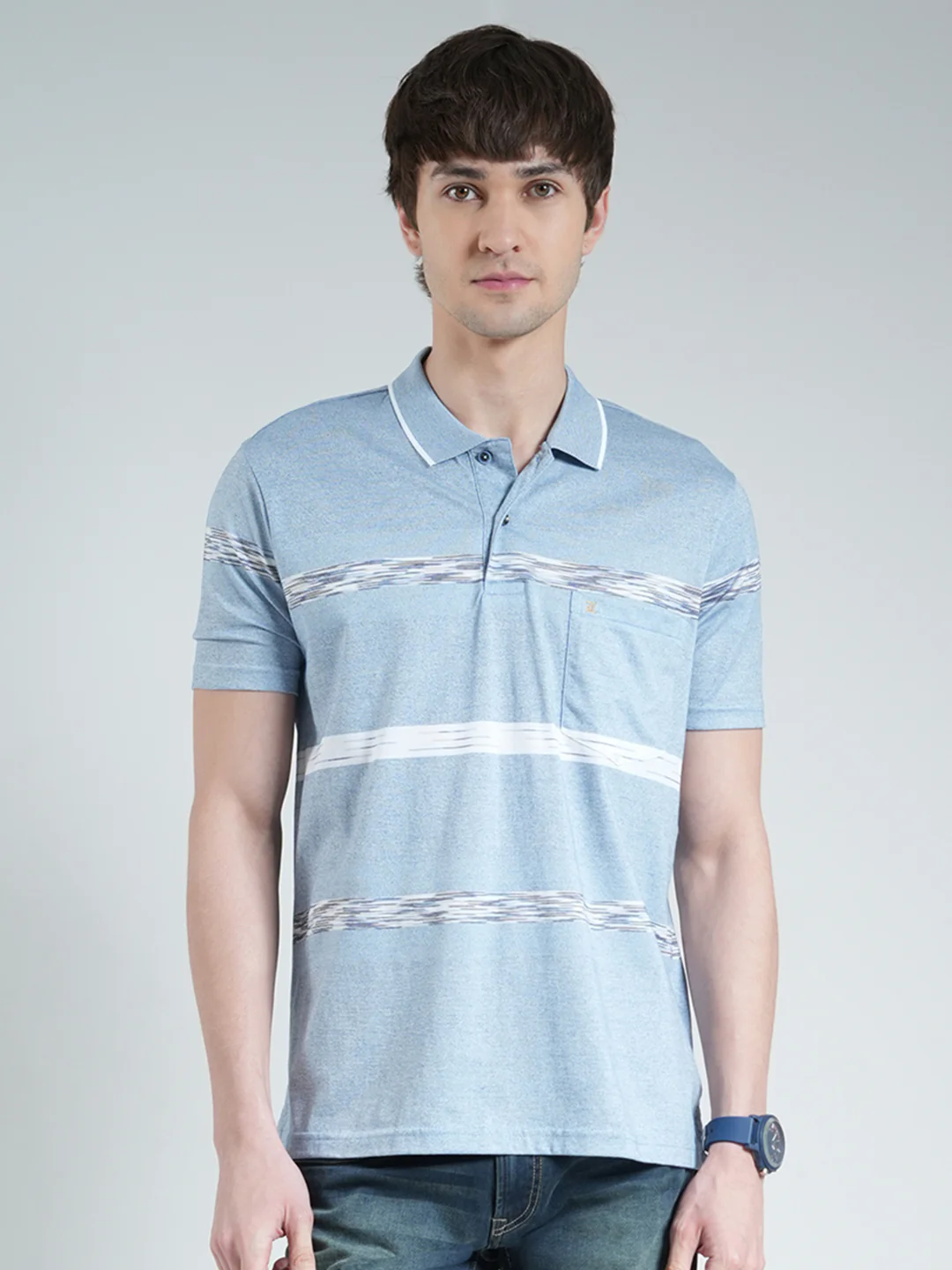Luxuria Men Sky Blue Stripe Collar Half Sleeve T-Shirt