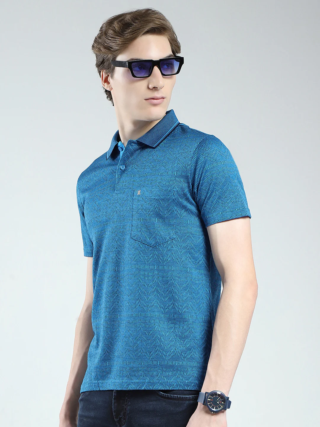 Luxuria Men Teal Blue Self Design Collar Half Sleeve T-Shirt - Image 3
