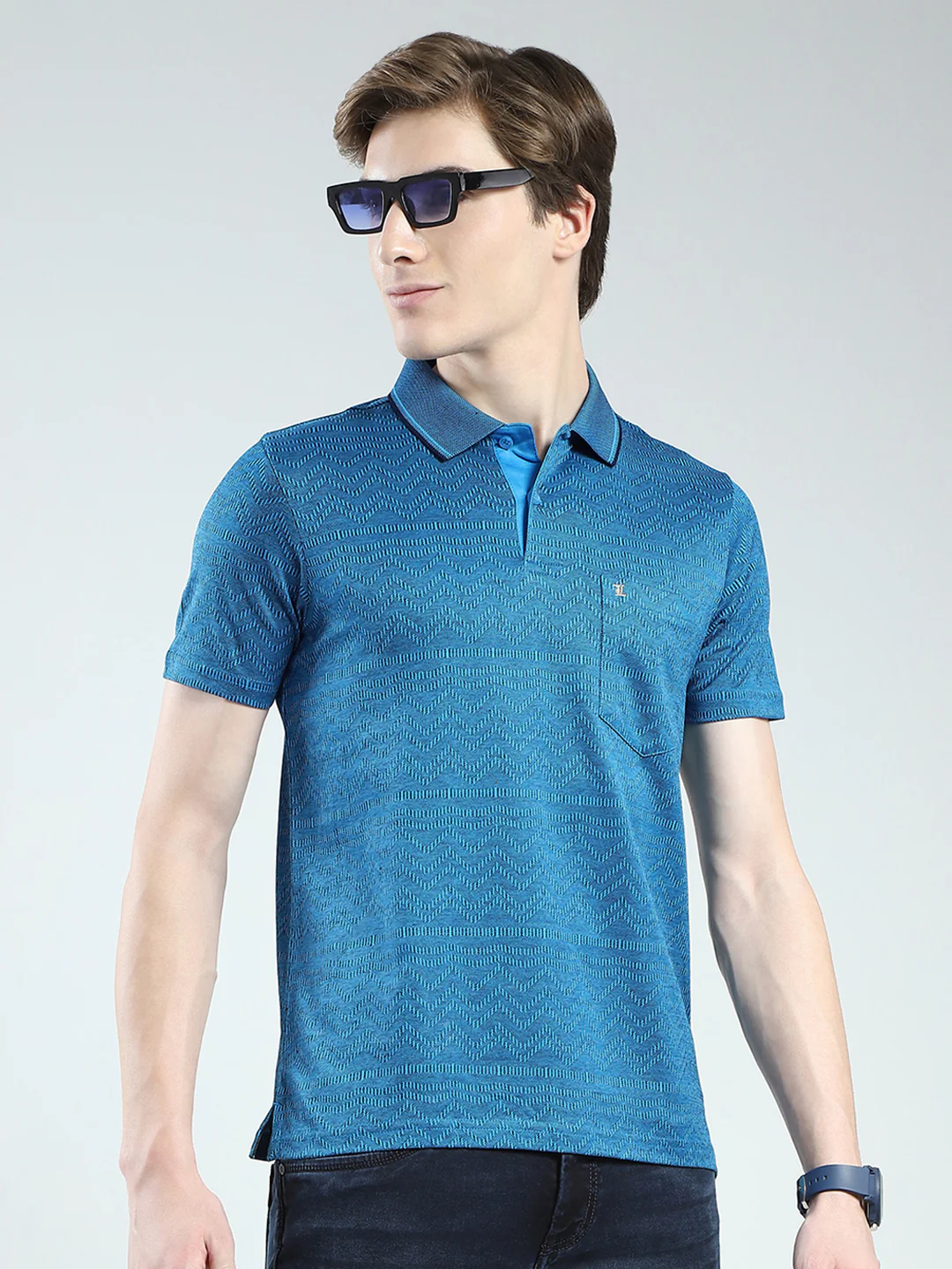 Luxuria Men Teal Blue Self Design Collar Half Sleeve T-Shirt - Image 4