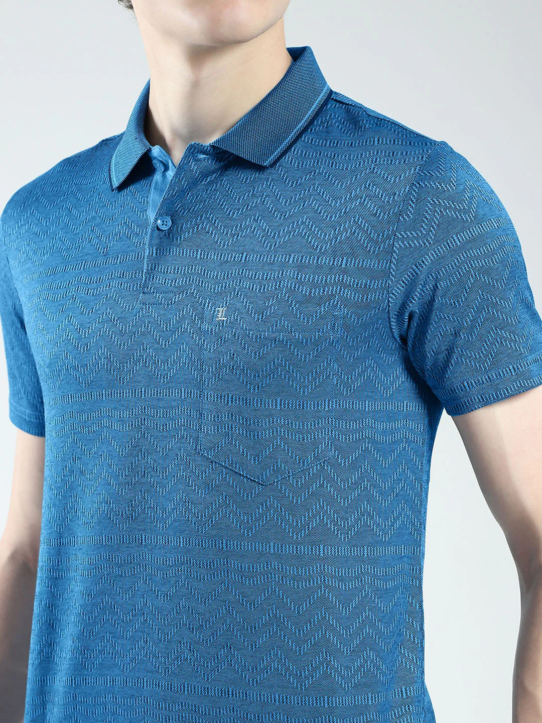 Luxuria Men Teal Blue Self Design Collar Half Sleeve T-Shirt - Image 6
