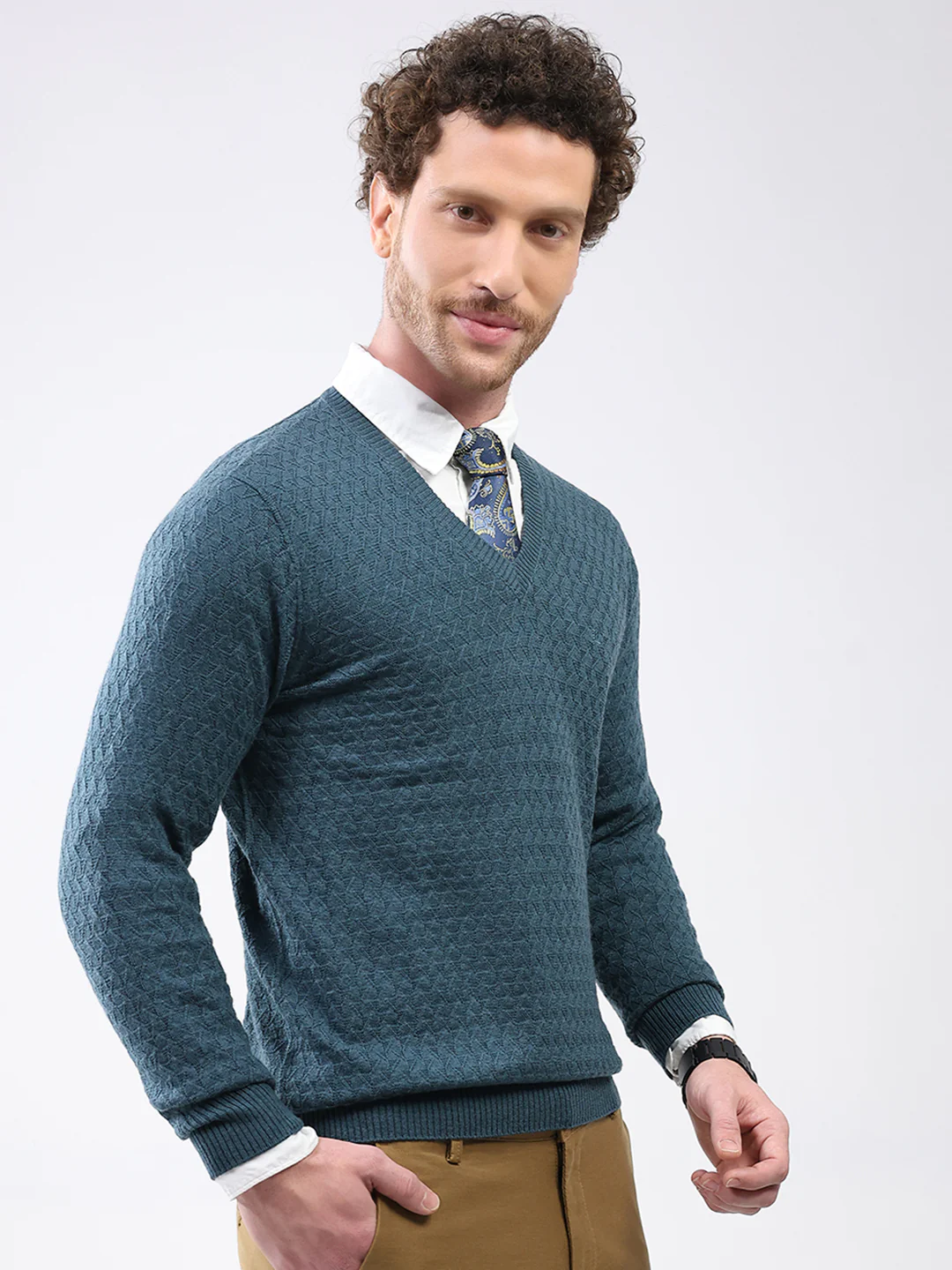 Luxuria Men Teal Blue Self Design V Neck Full Sleeve Pullover - Image 4