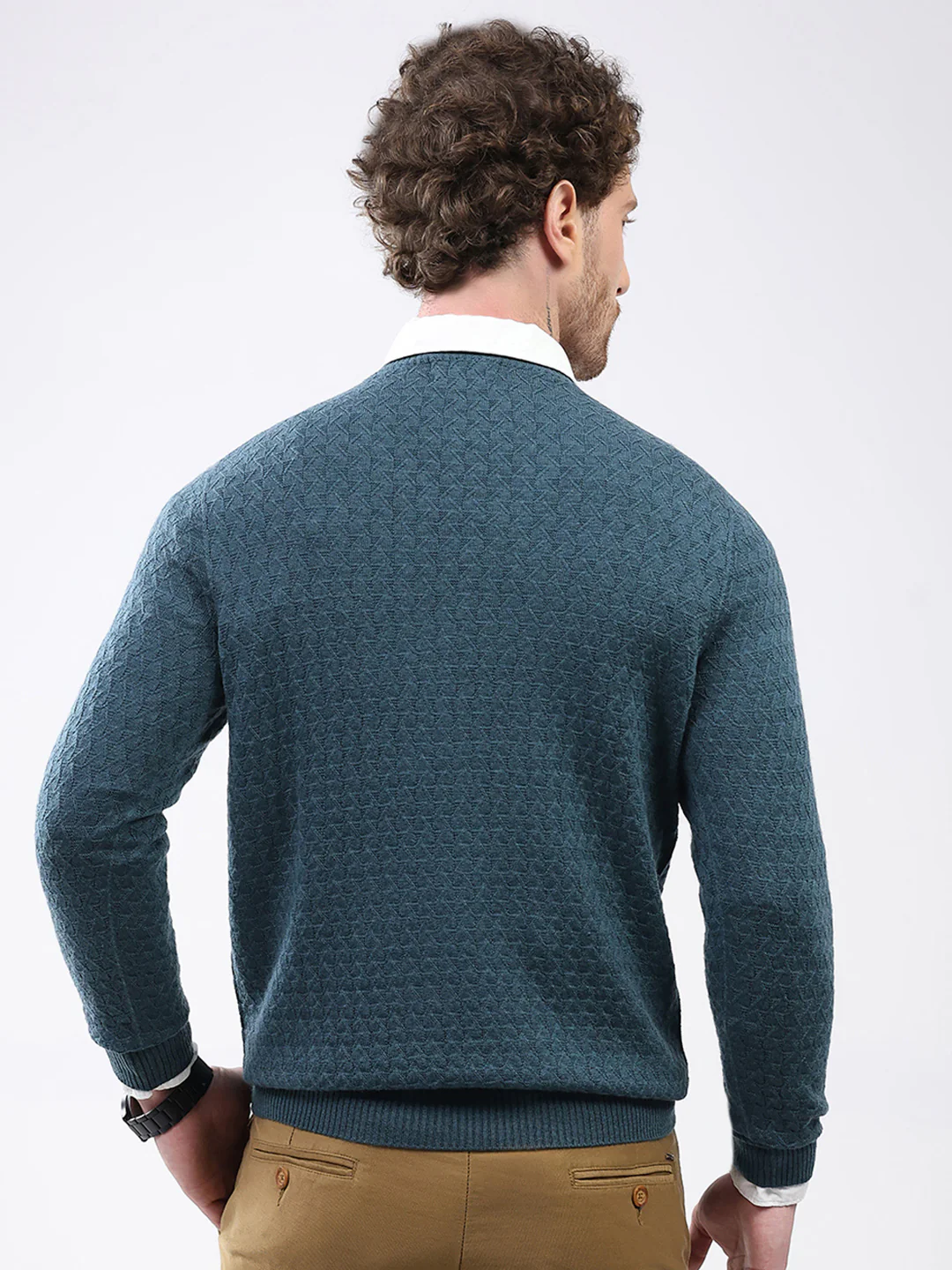 Luxuria Men Teal Blue Self Design V Neck Full Sleeve Pullover - Image 5