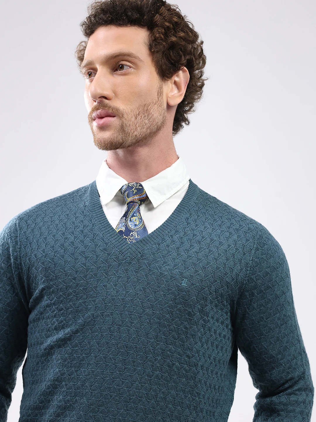 Luxuria Men Teal Blue Self Design V Neck Full Sleeve Pullover - Image 7