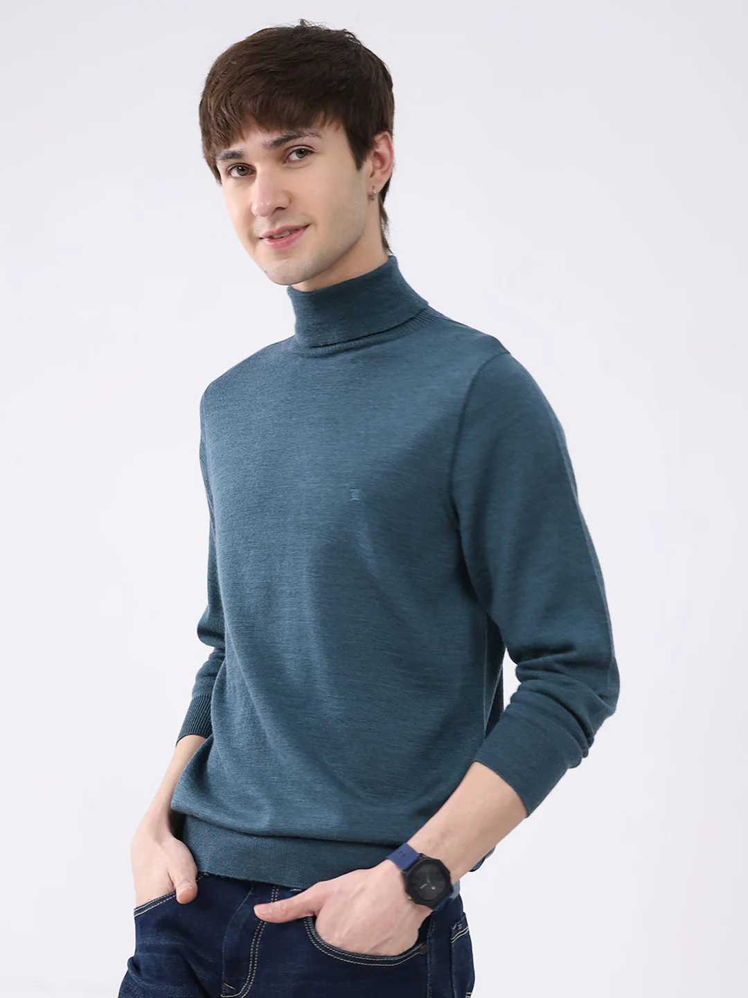 Luxuria Men Teal Blue Solid High Neck Full Sleeve Pullover - Image 3
