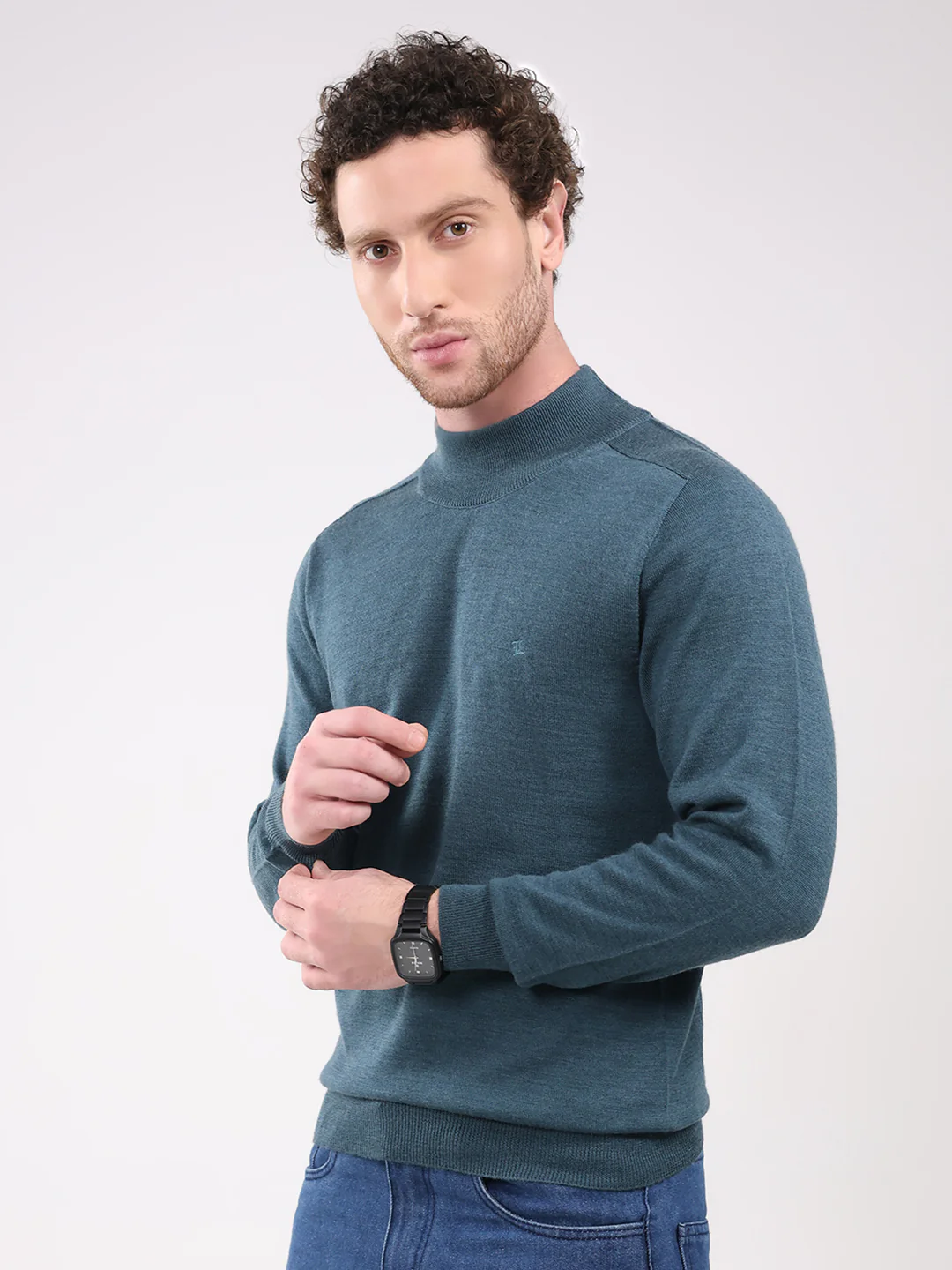 Luxuria Men Teal Blue Solid T Neck Full Sleeve Pullover - Image 3