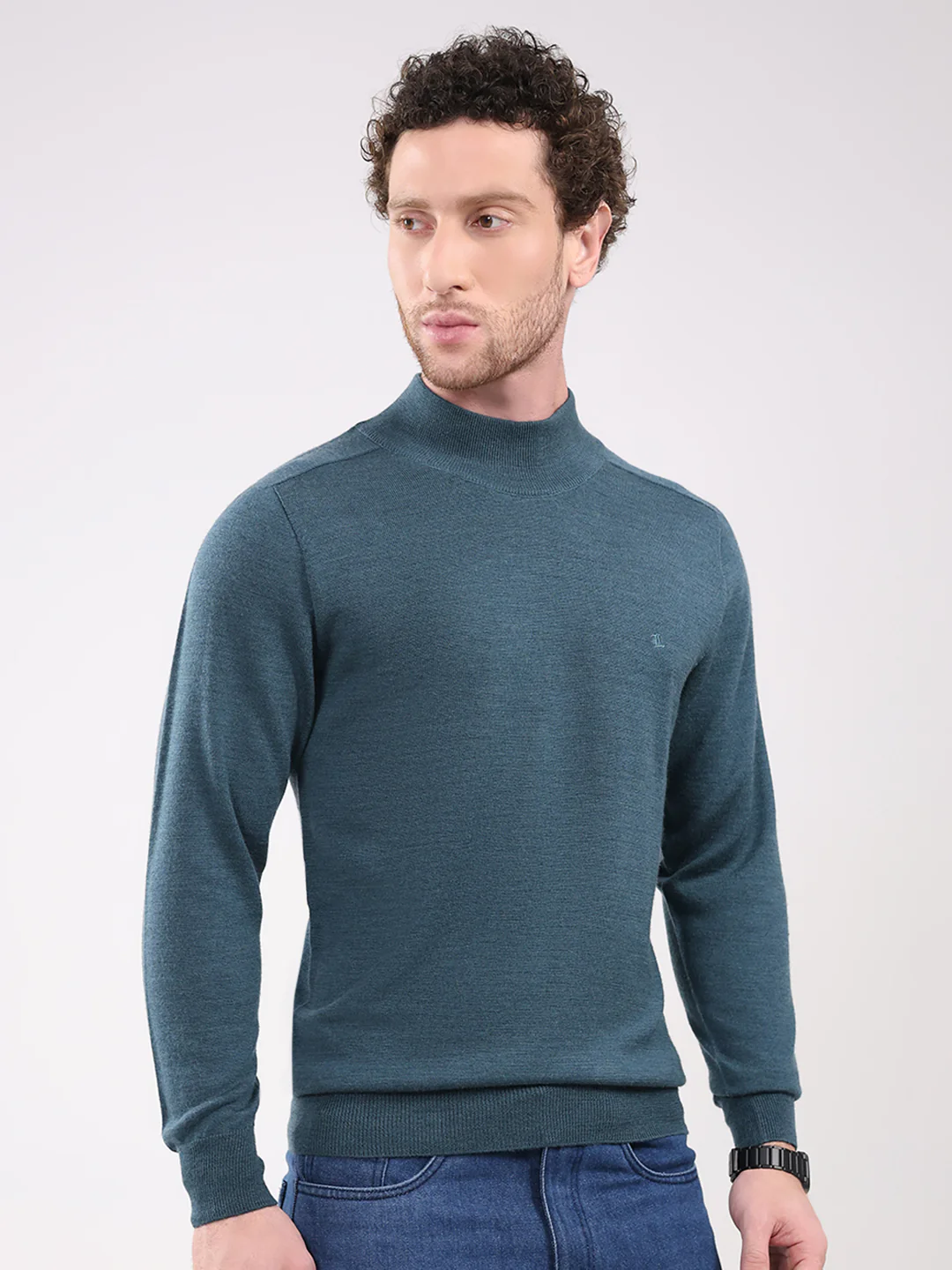 Luxuria Men Teal Blue Solid T Neck Full Sleeve Pullover - Image 4