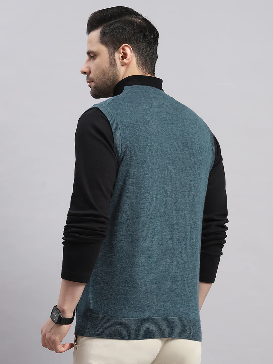 Luxuria Men Teal Blue Solid V Neck Sleeveless Cardigan - Image 5