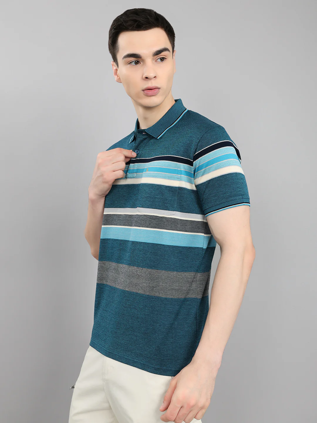 Luxuria Men Teal Blue Stripe Collar Half Sleeve T-Shirt - Image 2