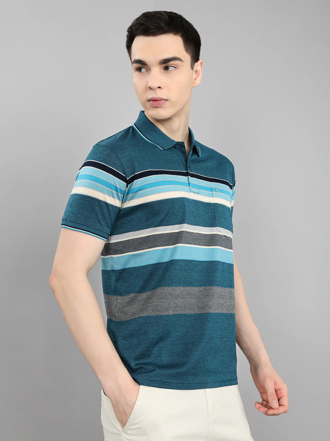 Luxuria Men Teal Blue Stripe Collar Half Sleeve T-Shirt - Image 3