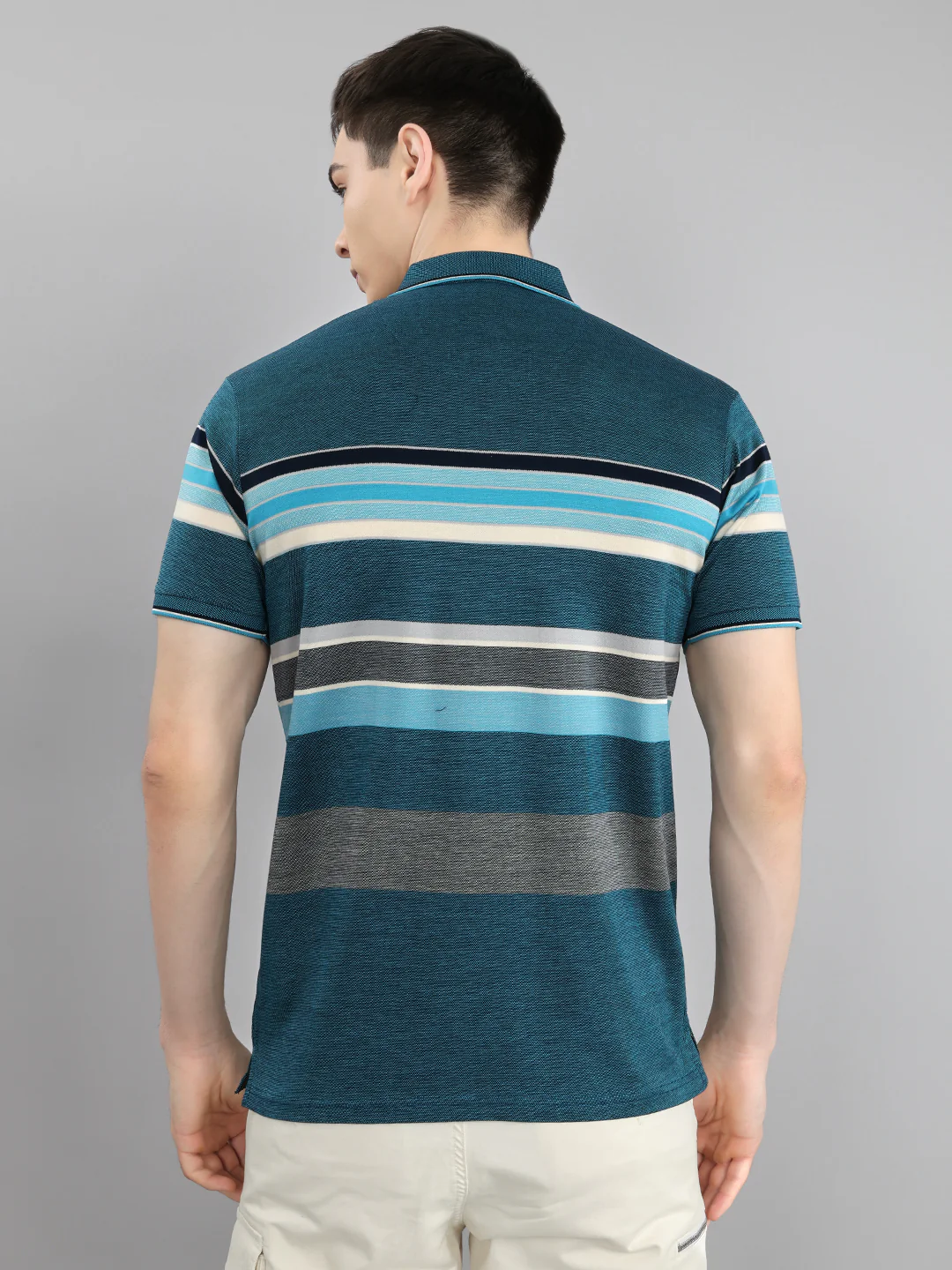 Luxuria Men Teal Blue Stripe Collar Half Sleeve T-Shirt - Image 4