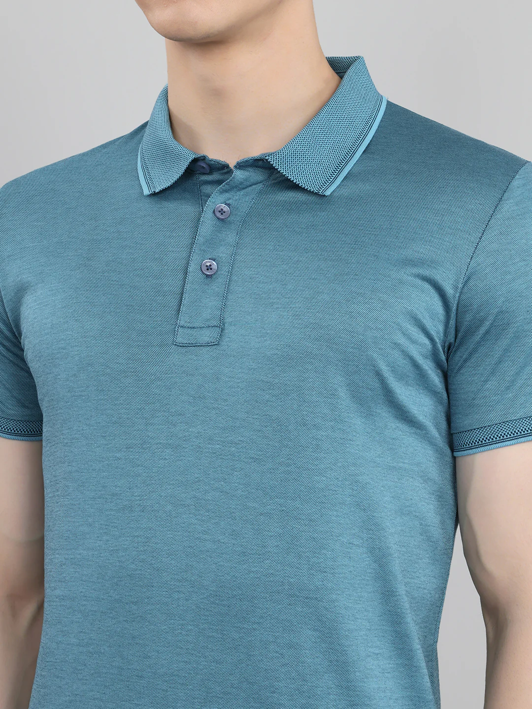 Luxuria Men Turquoise Blue Solid Collar Half Sleeve T-Shirt - Image 4