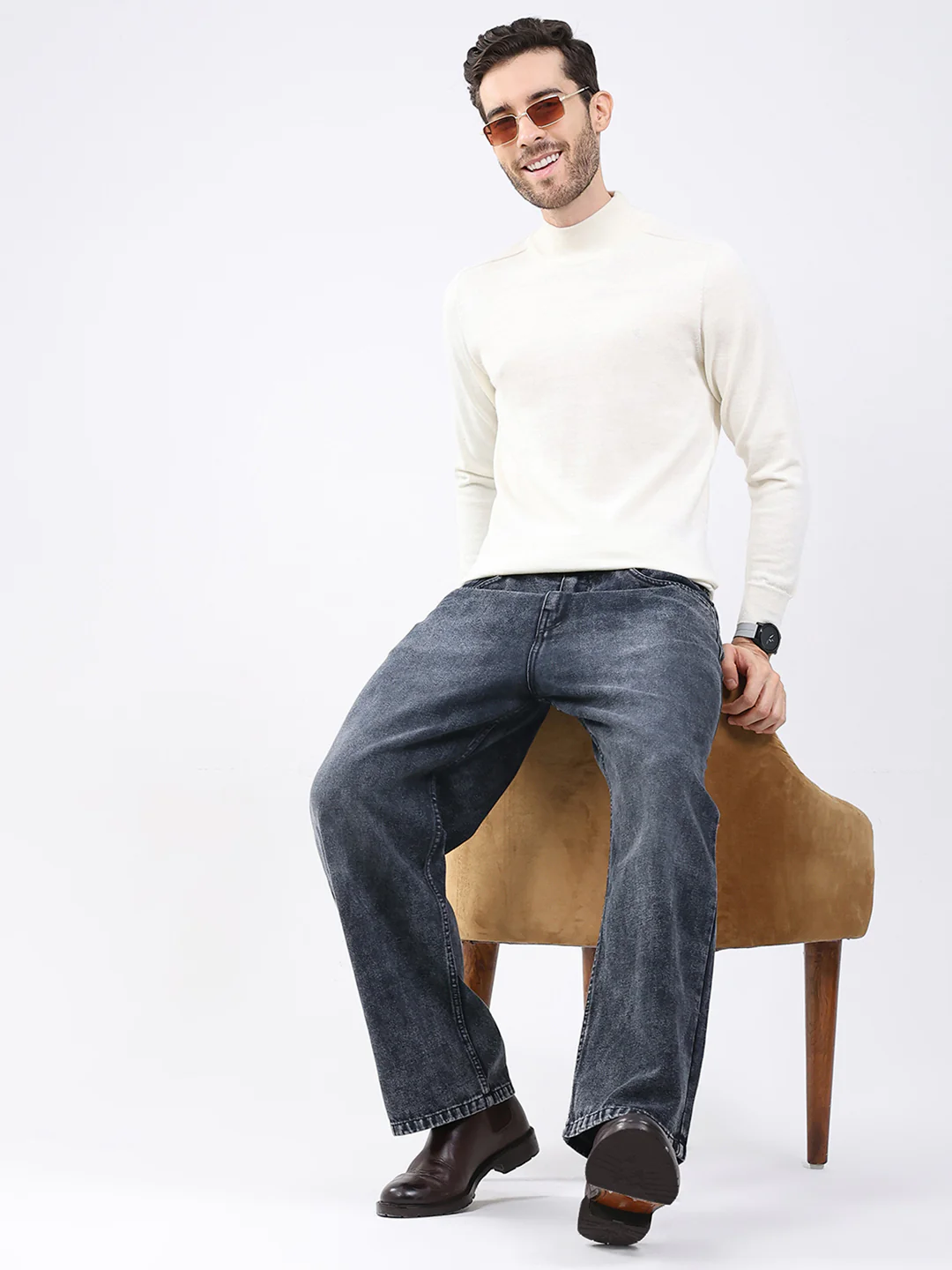 Luxuria Men White Solid High Neck Full Sleeve Pullover - Image 2