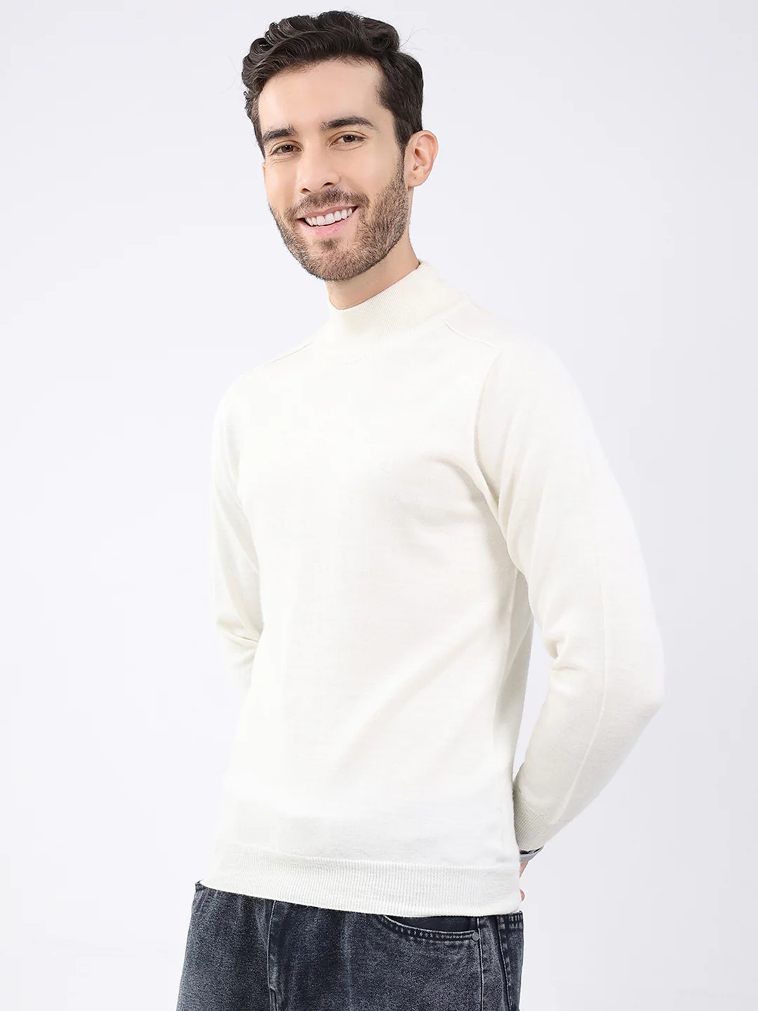 Luxuria Men White Solid High Neck Full Sleeve Pullover - Image 3