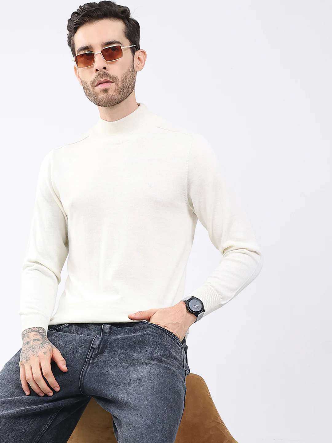 Luxuria Men White Solid High Neck Full Sleeve Pullover - Image 6