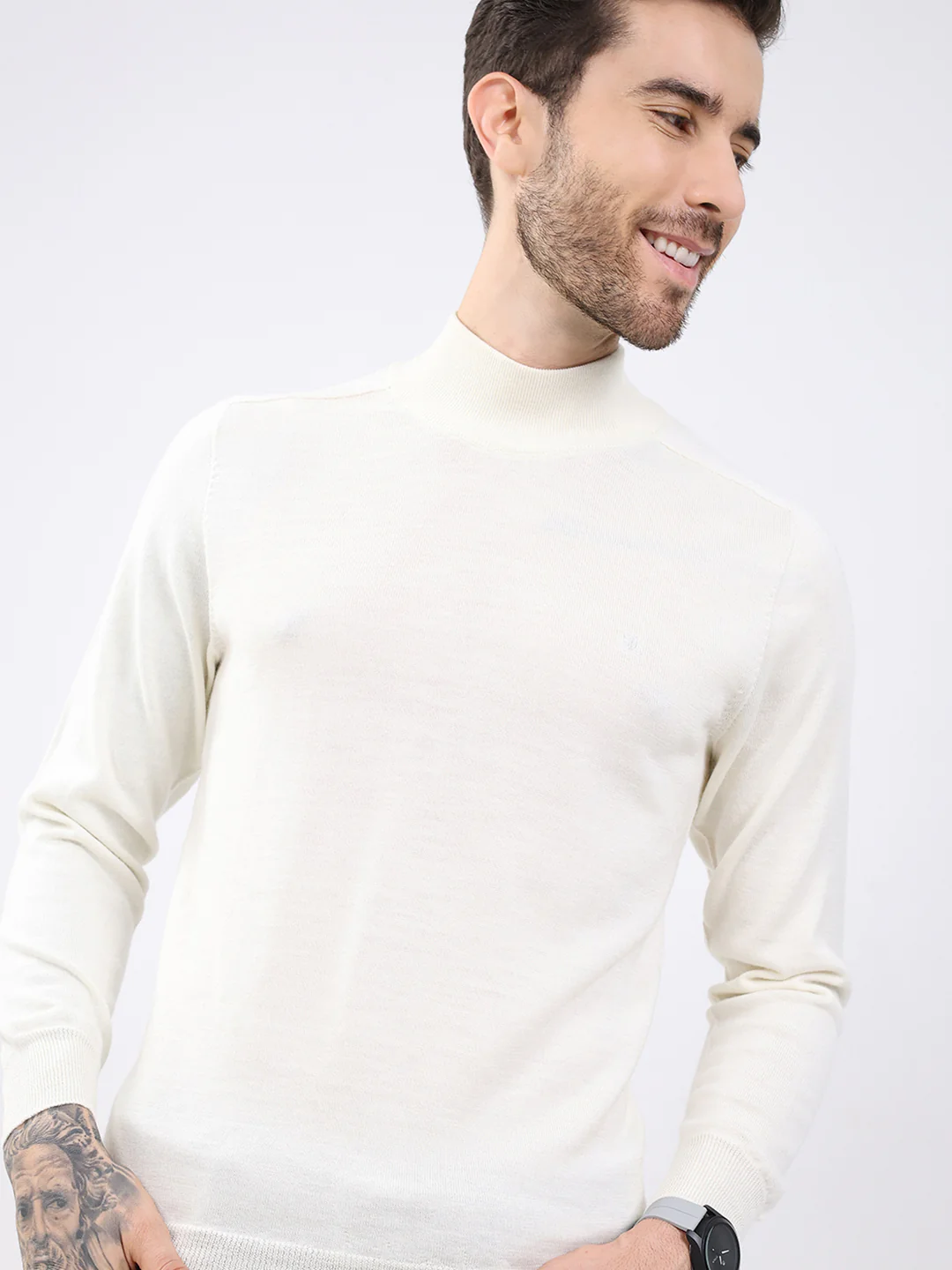 Luxuria Men White Solid High Neck Full Sleeve Pullover - Image 7