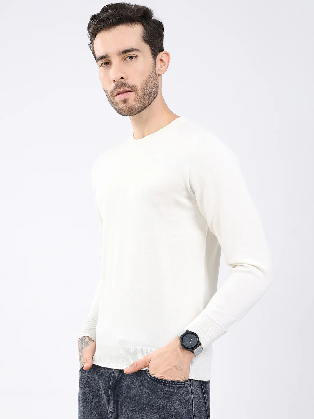 Luxuria Men White Solid Round Neck Full Sleeve Pullover - Image 3
