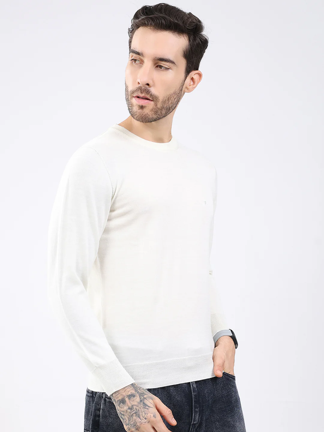 Luxuria Men White Solid Round Neck Full Sleeve Pullover - Image 4