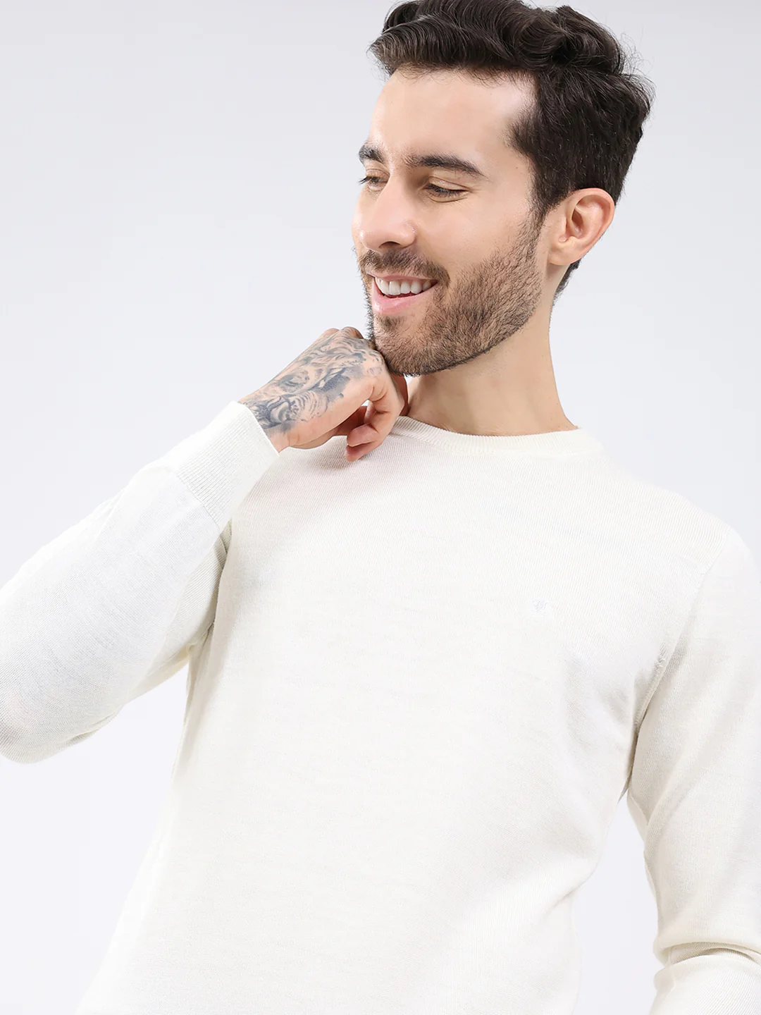 Luxuria Men White Solid Round Neck Full Sleeve Pullover - Image 7