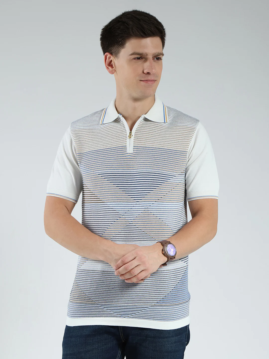 Luxuria Men White Stripe Collar Half Sleeve T-Shirt