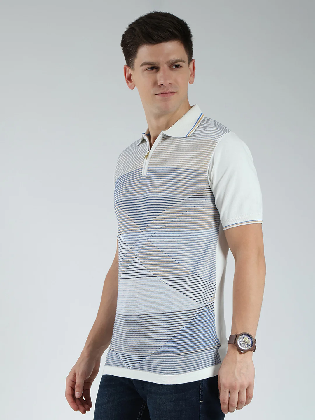 Luxuria Men White Stripe Collar Half Sleeve T-Shirt - Image 3