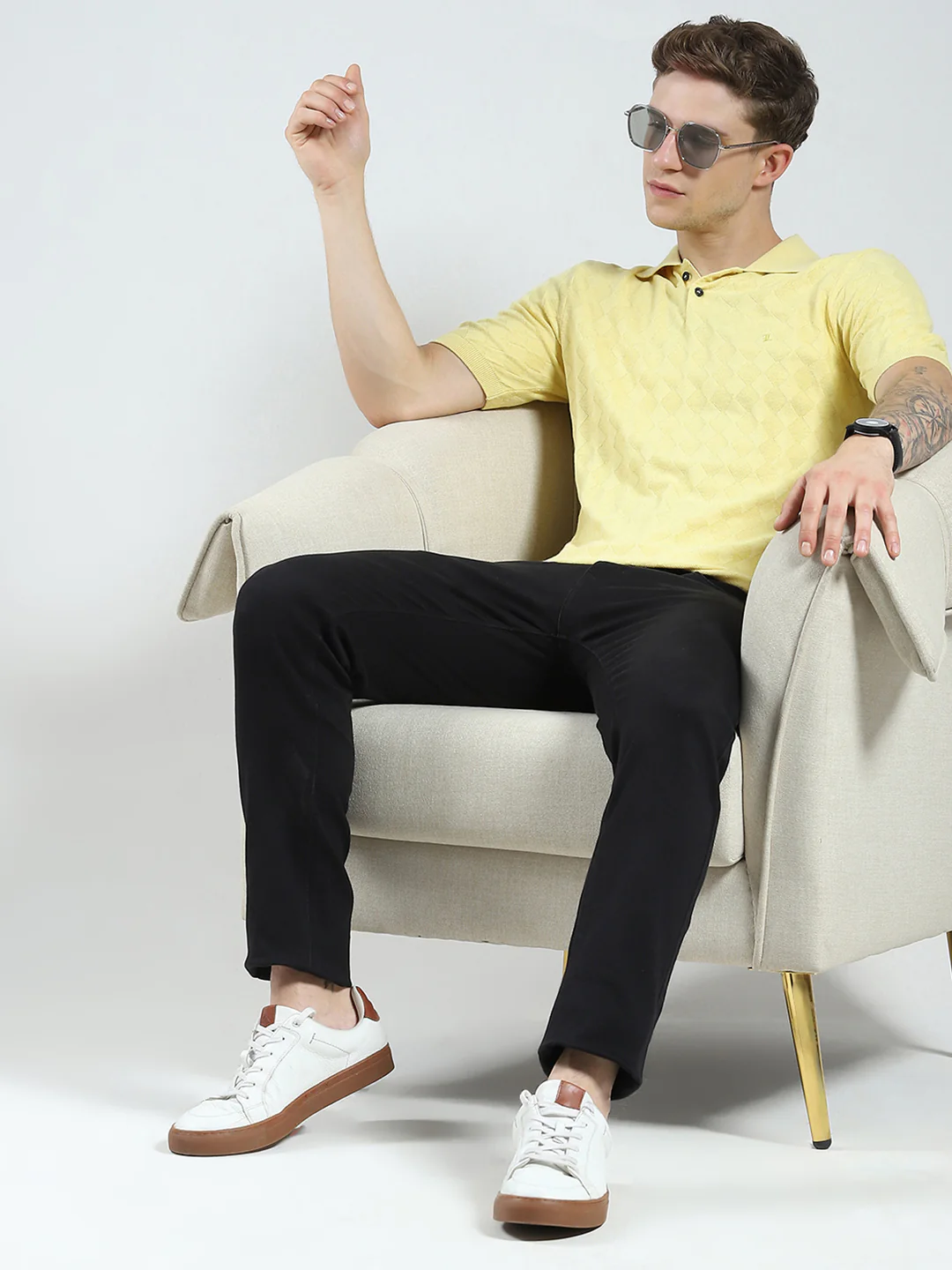 Luxuria Men Yellow Self Design Collar Half Sleeve T-Shirt - Image 2