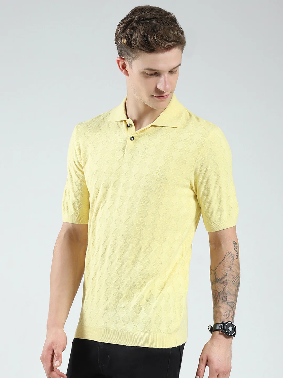 Luxuria Men Yellow Self Design Collar Half Sleeve T-Shirt - Image 3
