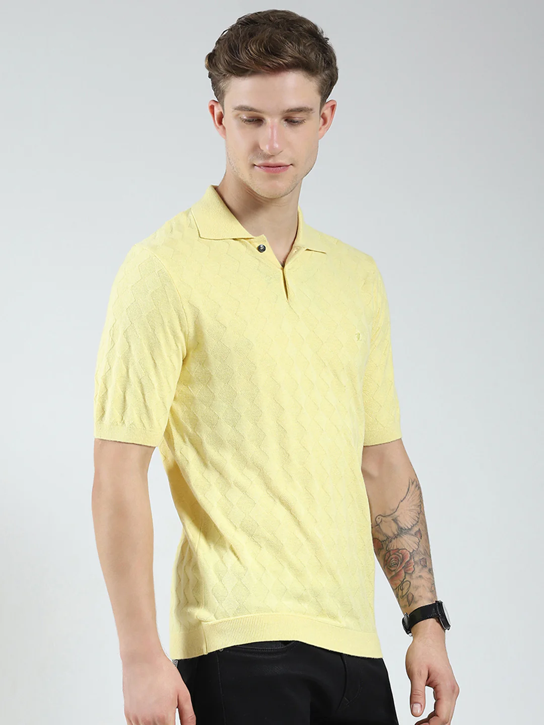 Luxuria Men Yellow Self Design Collar Half Sleeve T-Shirt - Image 4