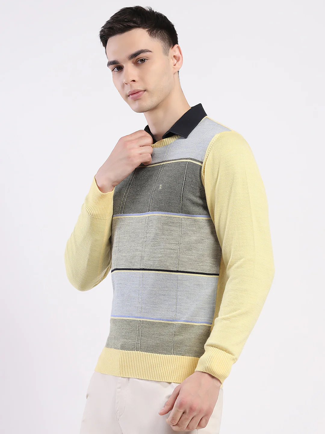 Luxuria Men Yellow Self Design Round Neck Full Sleeve Pullover - Image 3