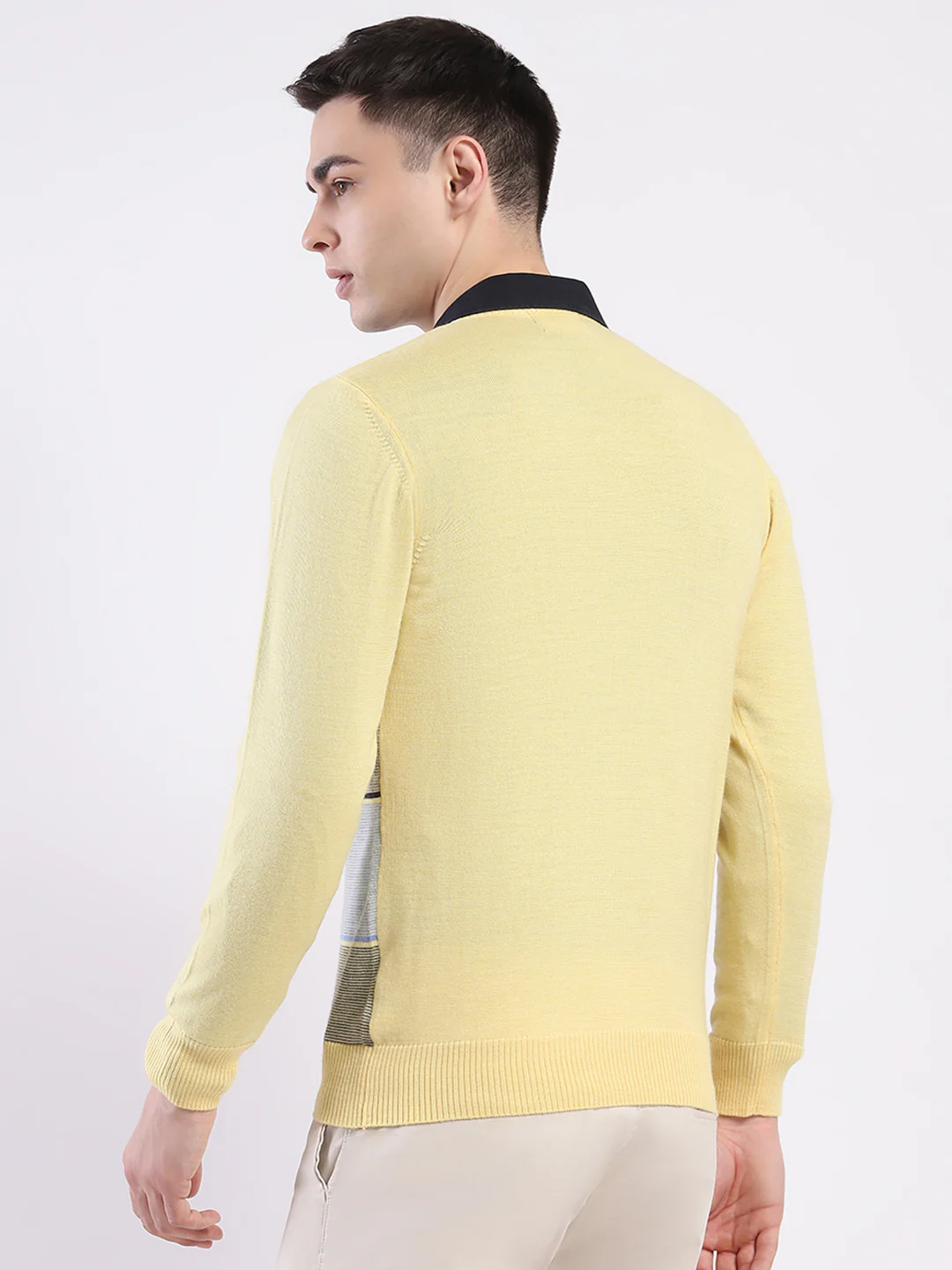 Luxuria Men Yellow Self Design Round Neck Full Sleeve Pullover - Image 5