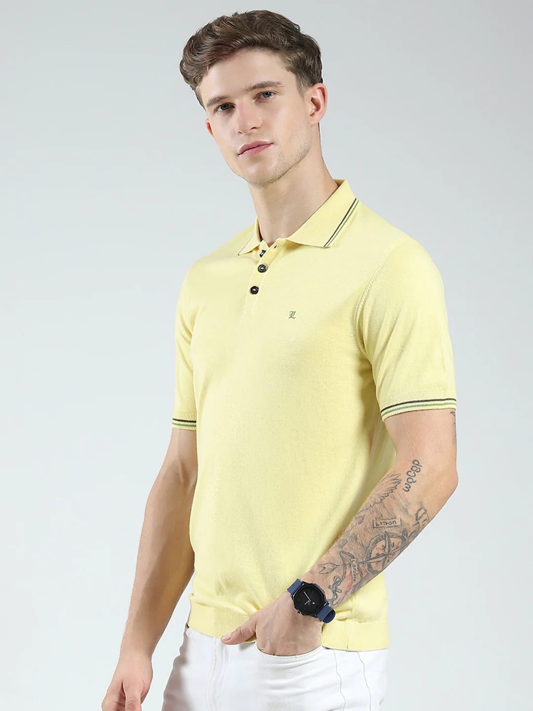 Luxuria Men Yellow Solid Collar Half Sleeve T-Shirt - Image 3