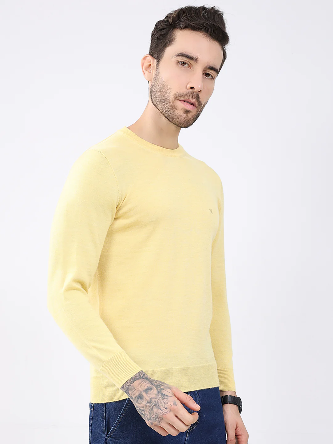 Luxuria Men Yellow Solid Round Neck Full Sleeve Pullover - Image 4