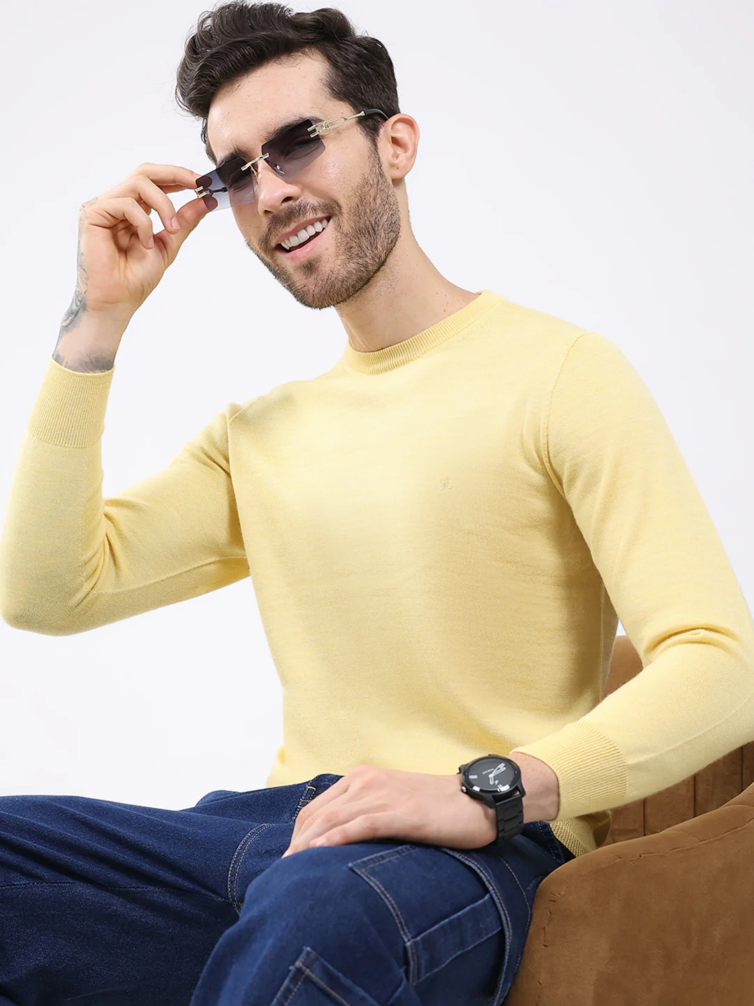 Luxuria Men Yellow Solid Round Neck Full Sleeve Pullover - Image 6