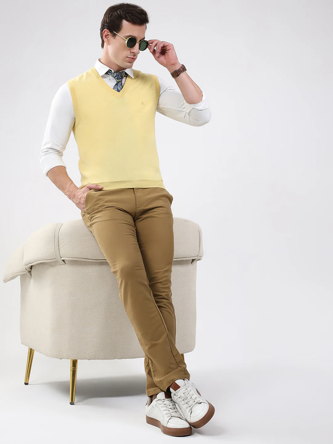 Luxuria Men Yellow Solid V Neck Sleeveless Sweater - Image 2