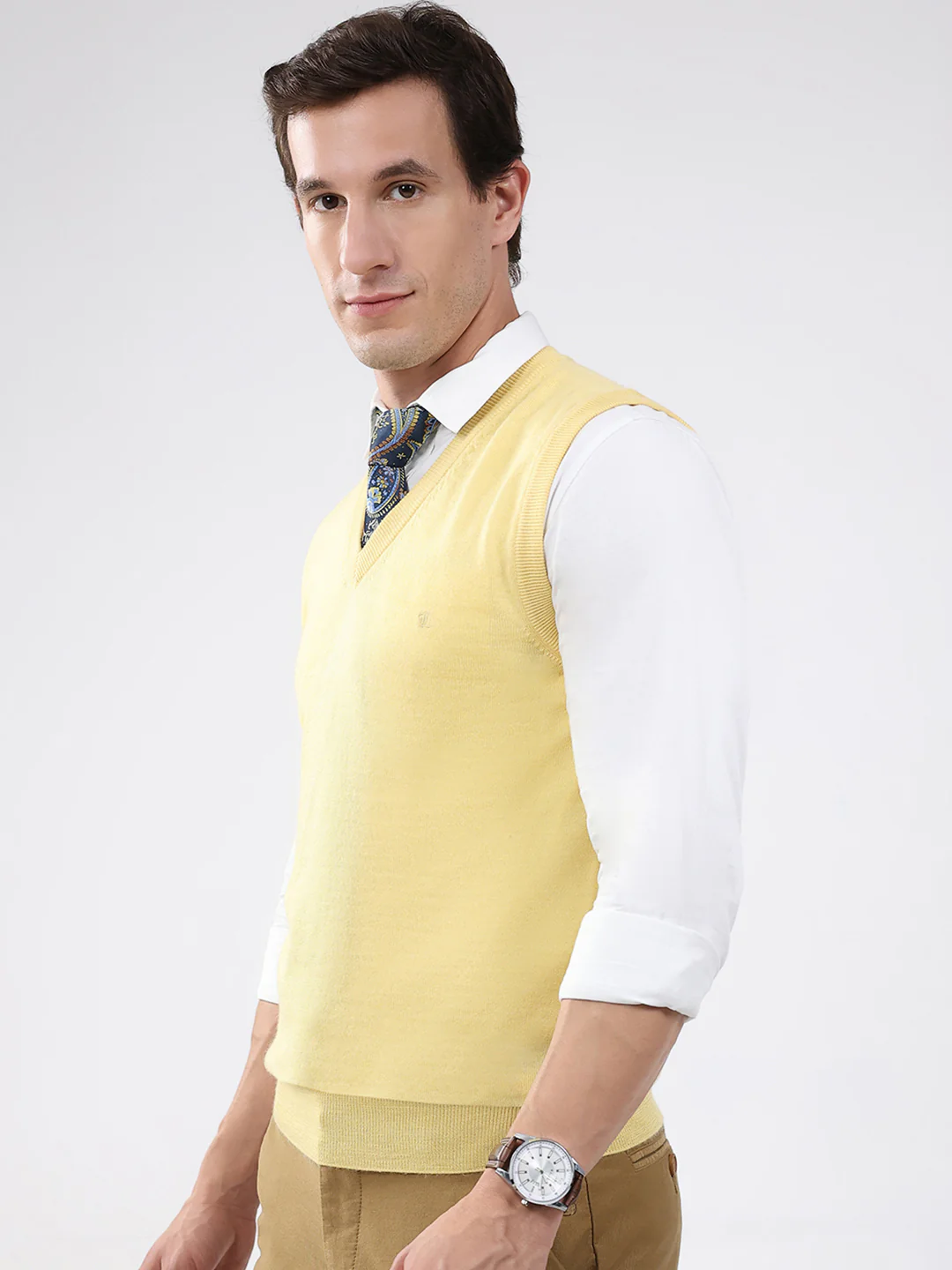 Luxuria Men Yellow Solid V Neck Sleeveless Sweater - Image 3