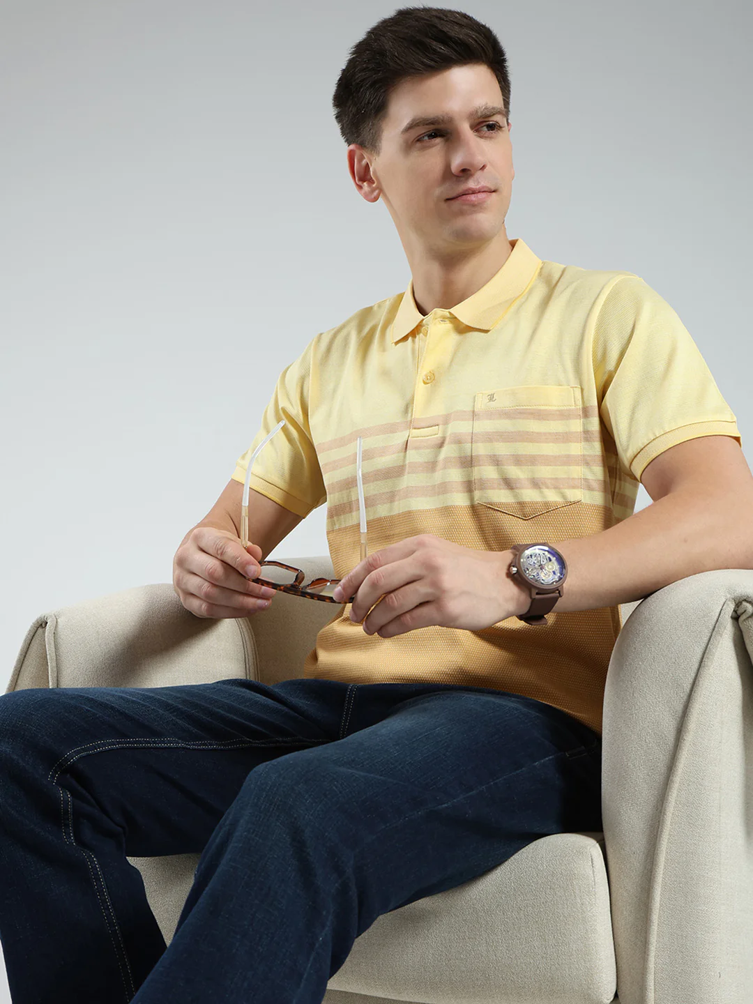 Luxuria Men Yellow Stripe Collar Half Sleeve T-Shirt - Image 6