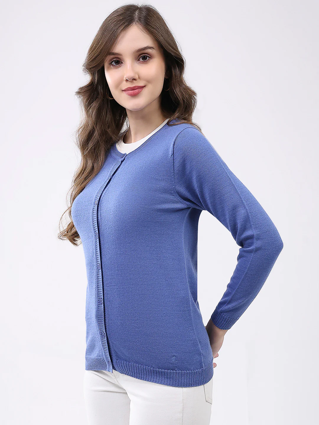 Luxuria Women Blue Solid Round Neck Full Sleeve Cardigan - Image 3