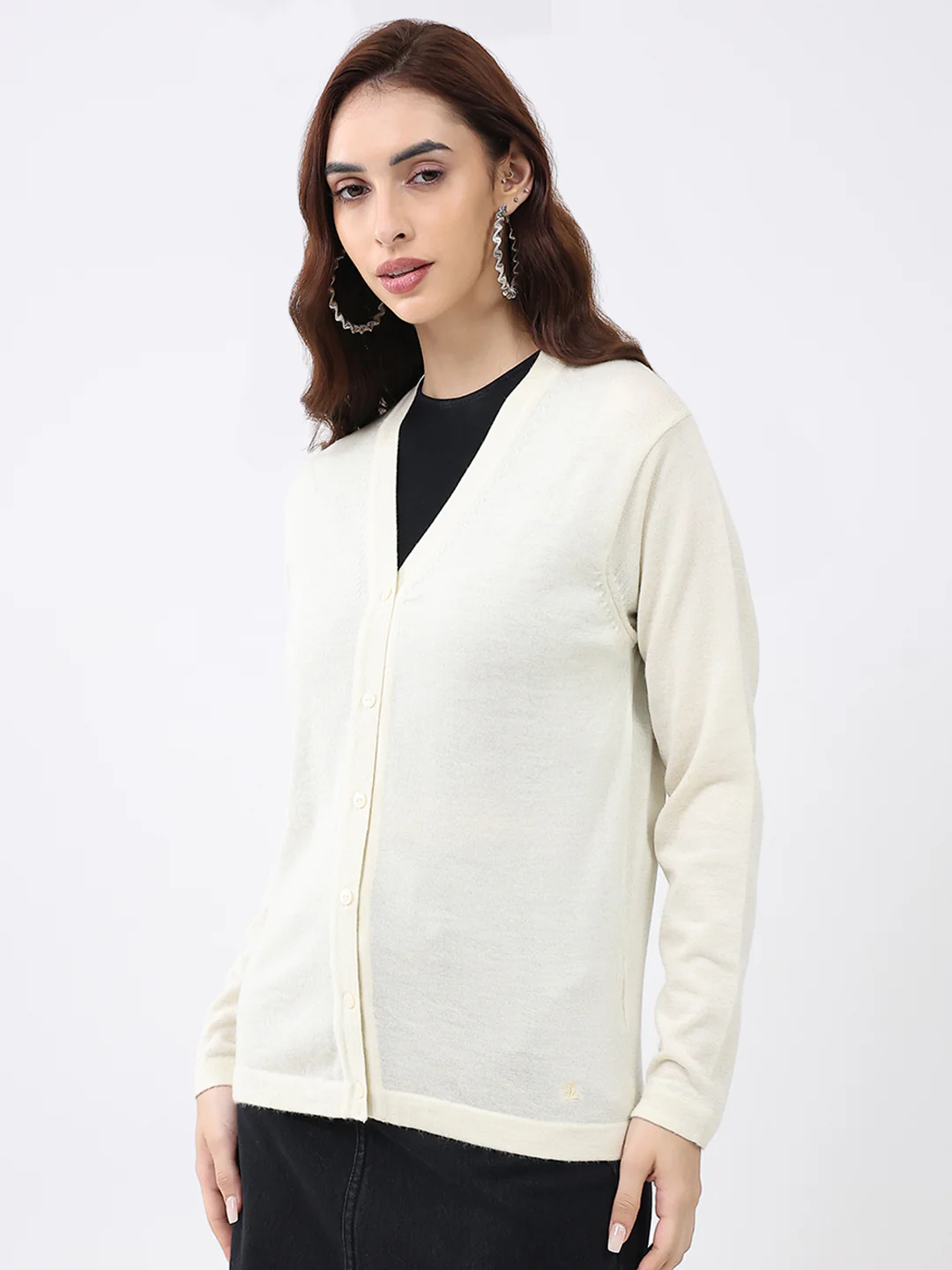 Luxuria Women Cream Solid V Neck Full Sleeve Cardigan - Image 3