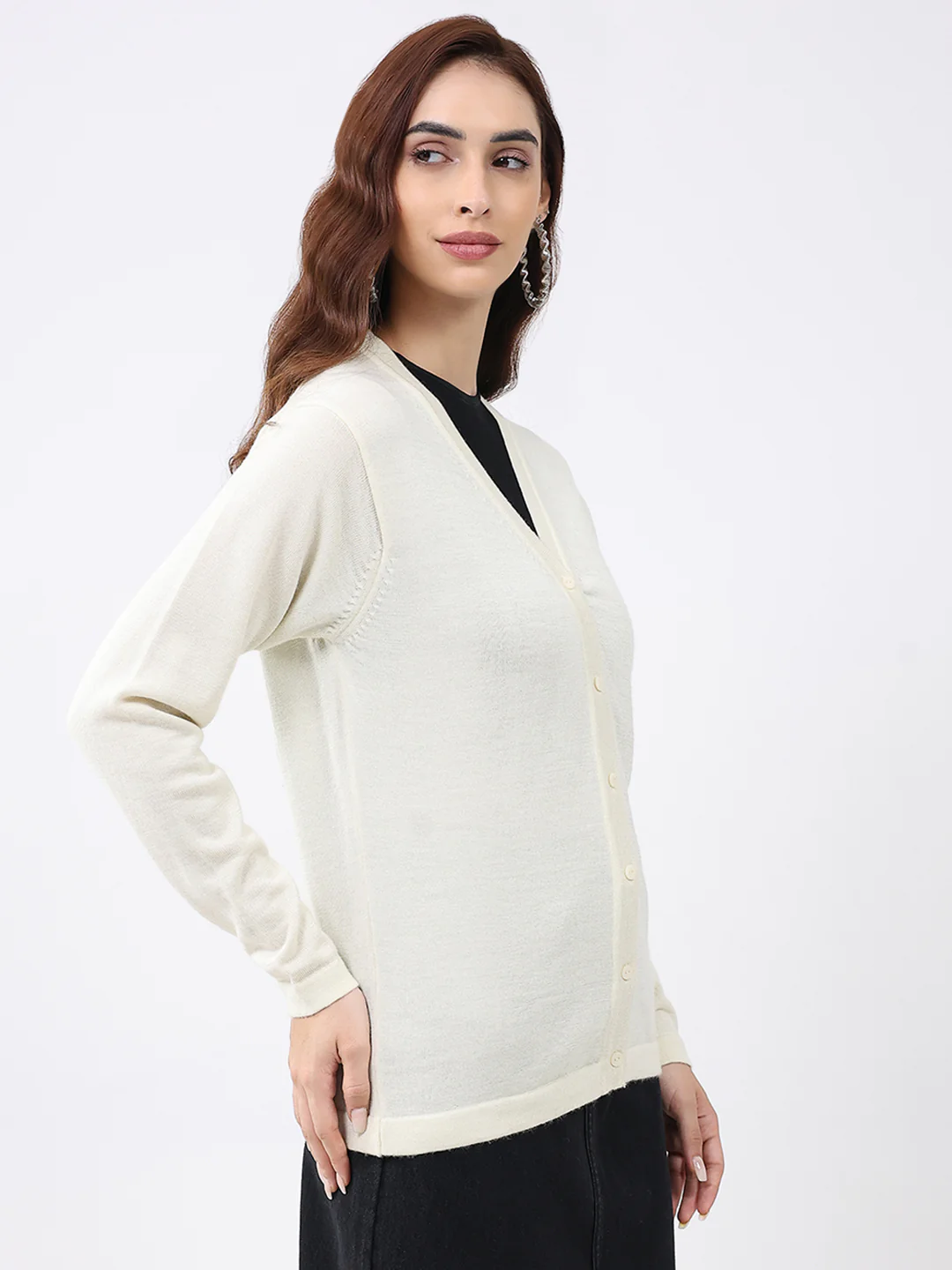 Luxuria Women Cream Solid V Neck Full Sleeve Cardigan - Image 4
