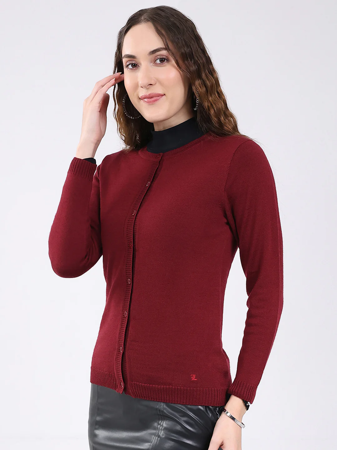 Luxuria Women Maroon Solid Round Neck Full Sleeve Cardigan - Image 3