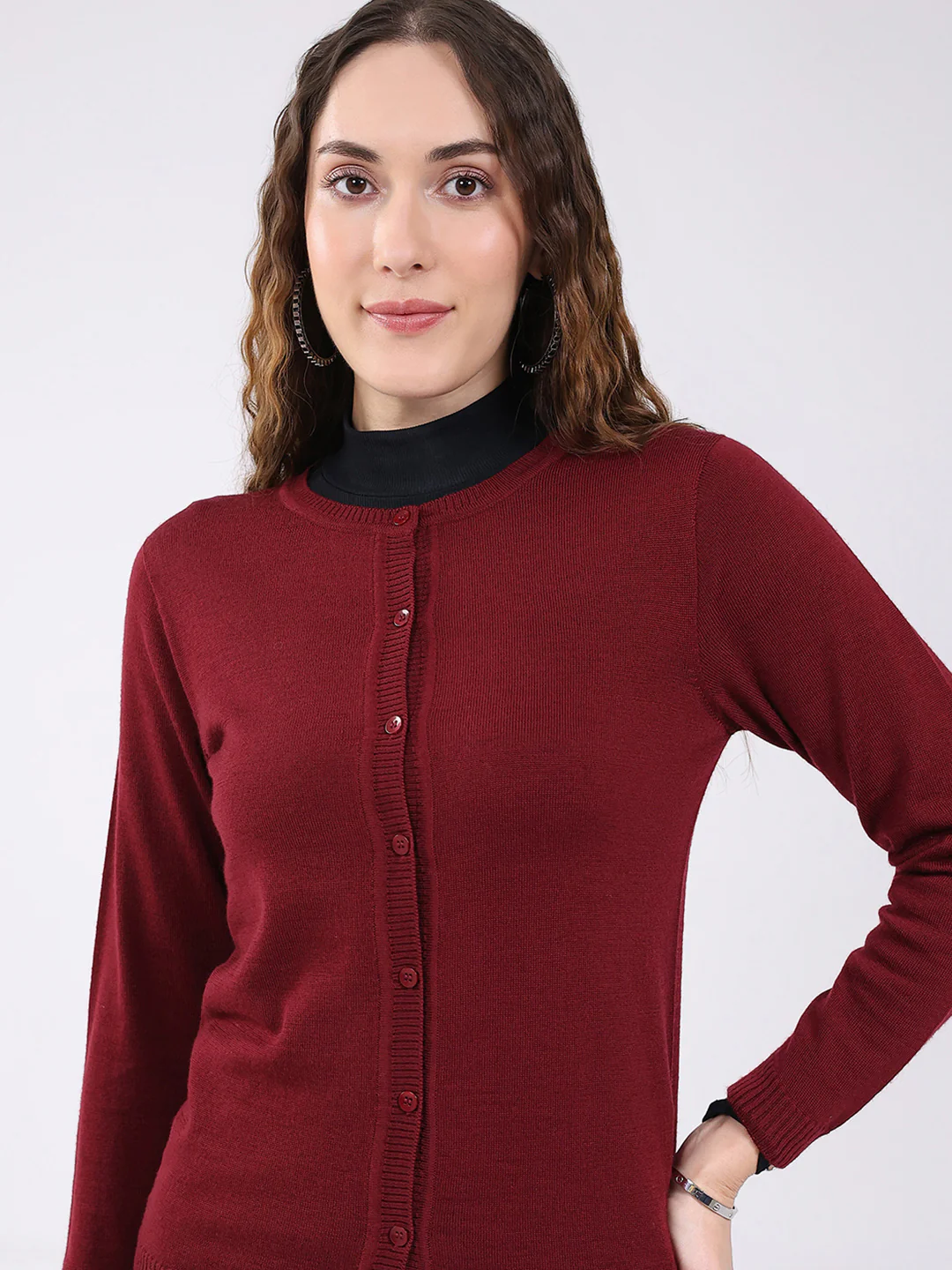 Luxuria Women Maroon Solid Round Neck Full Sleeve Cardigan - Image 7