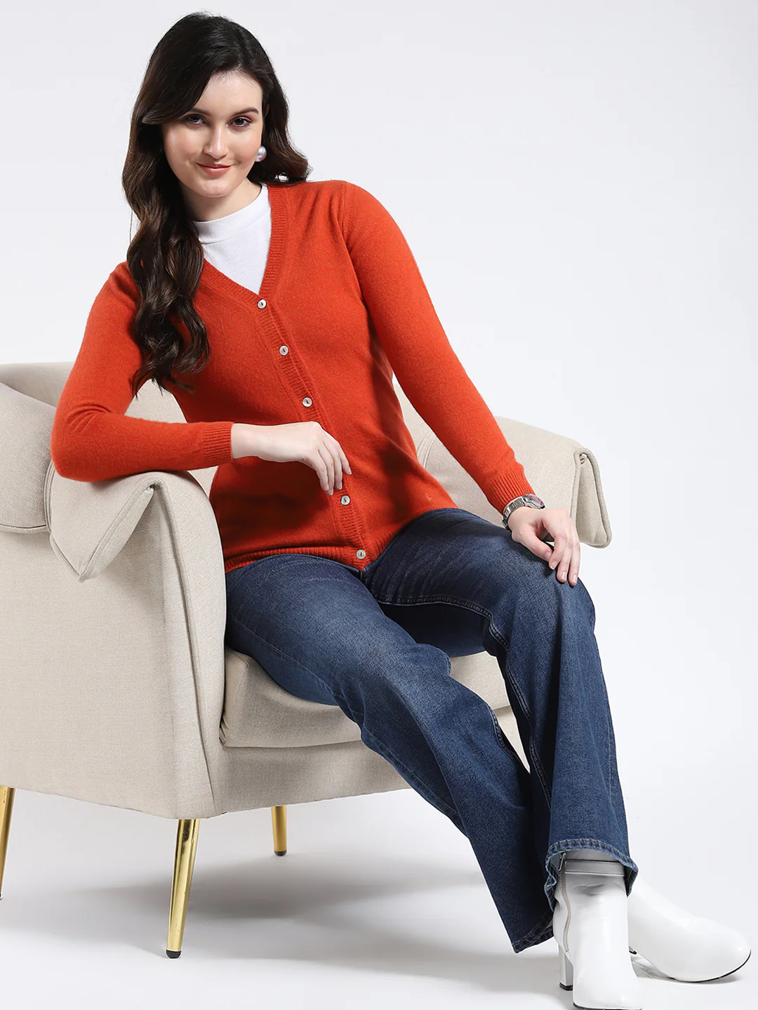 Luxuria Women Orange Solid V Neck Full Sleeve Cardigan - Image 2