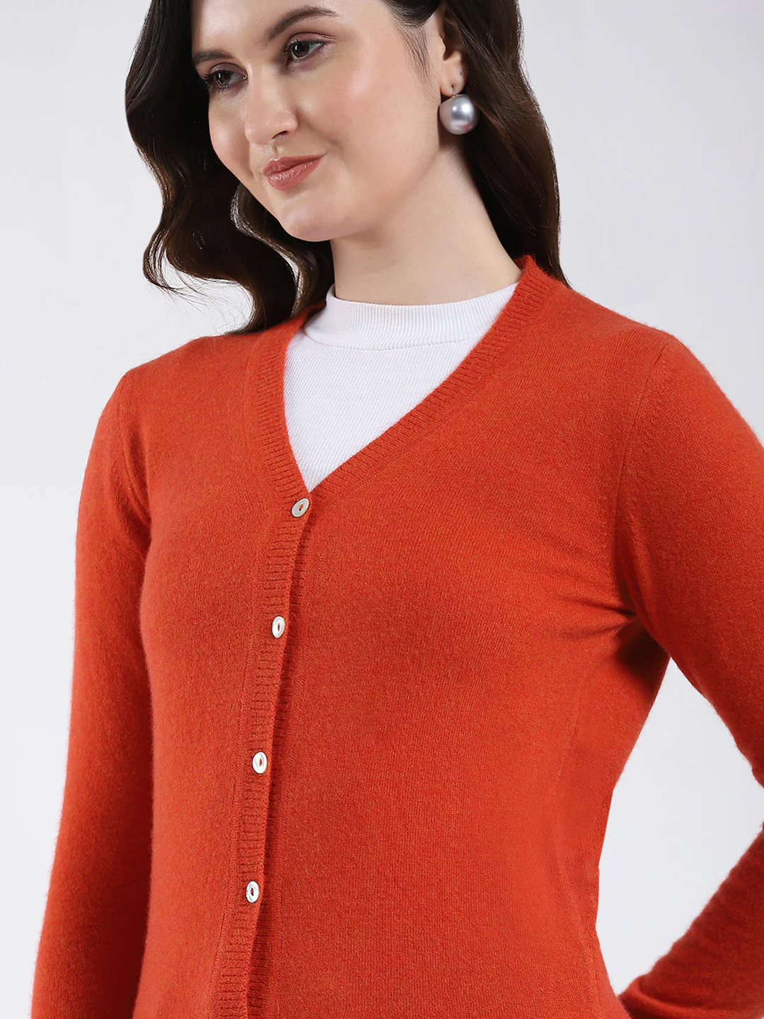 Luxuria Women Orange Solid V Neck Full Sleeve Cardigan - Image 7