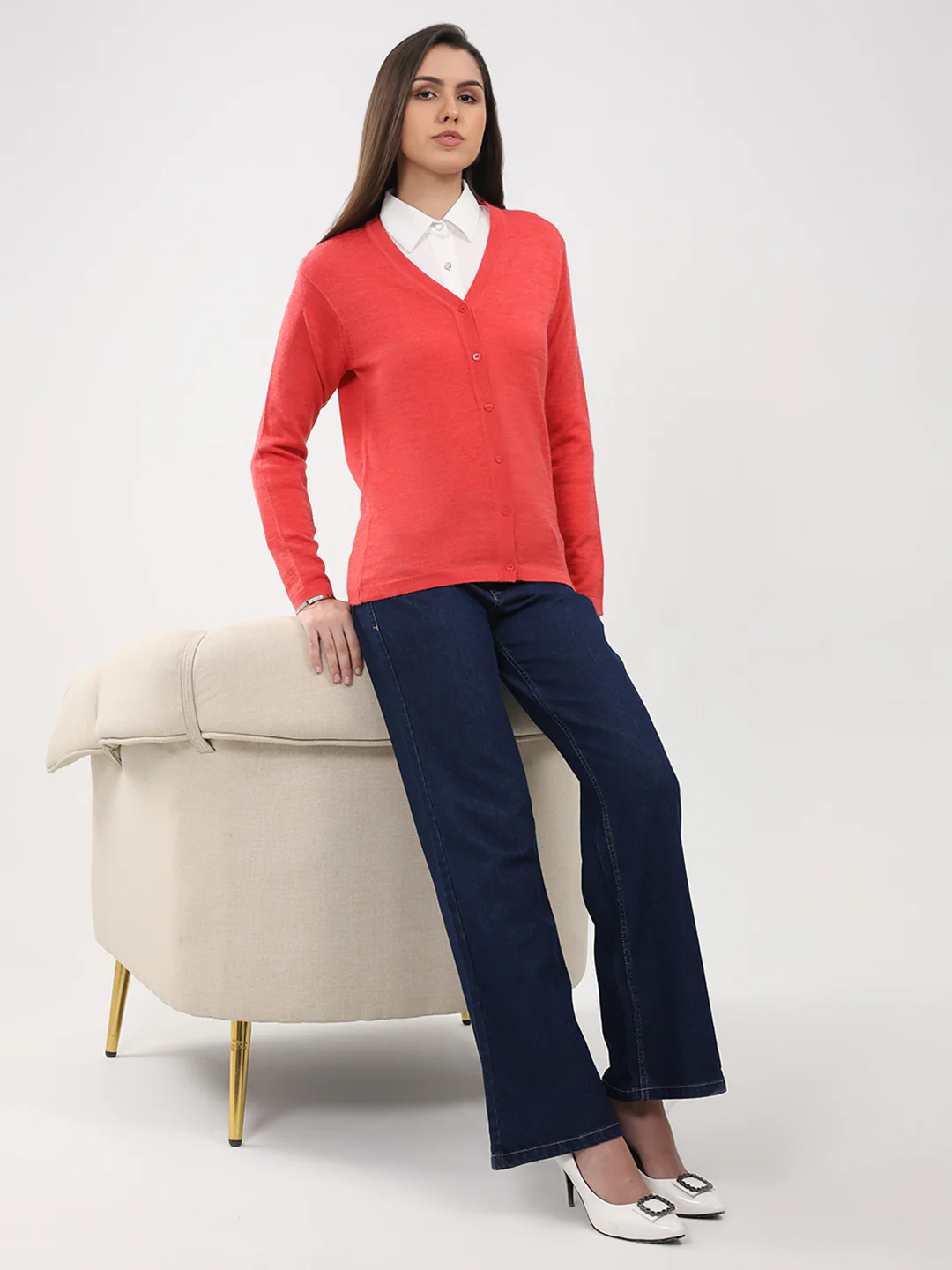 Luxuria Women Pink Solid V Neck Full Sleeve Cardigan - Image 2