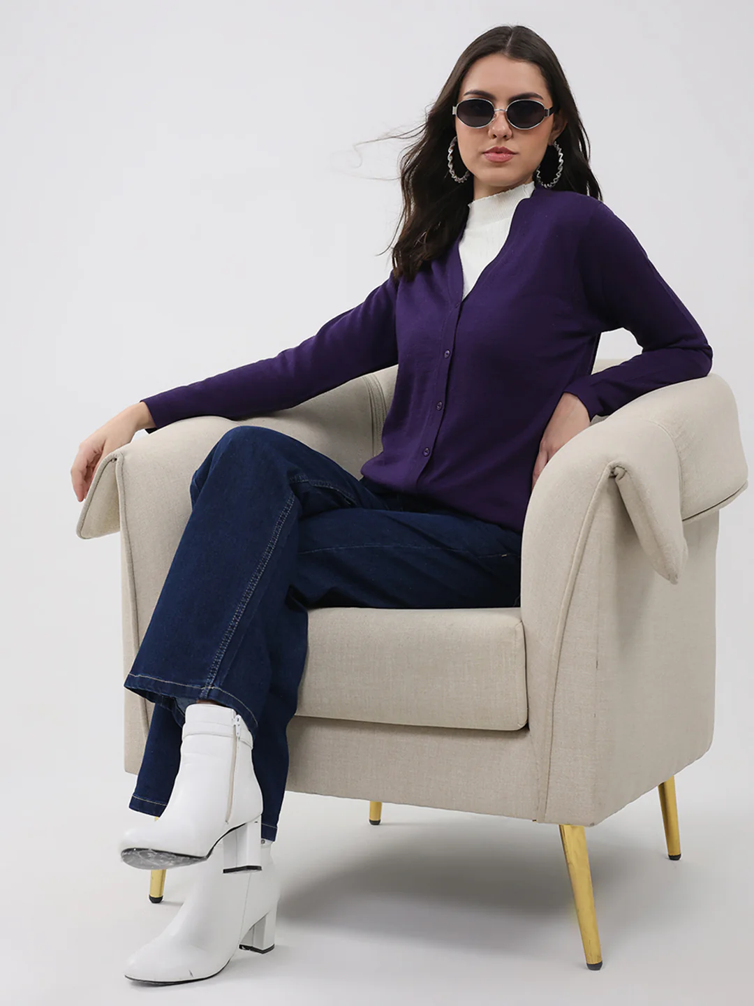 Luxuria Women Purple Solid V Neck Full Sleeve Cardigan - Image 2