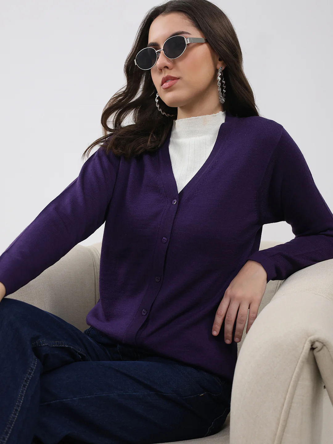 Luxuria Women Purple Solid V Neck Full Sleeve Cardigan - Image 6