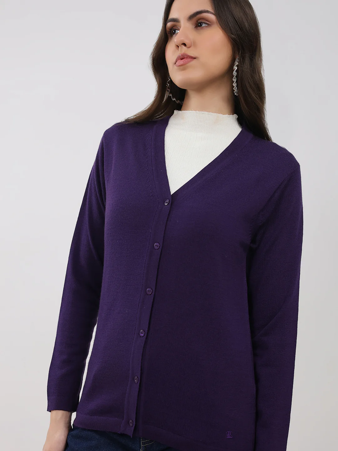Luxuria Women Purple Solid V Neck Full Sleeve Cardigan - Image 7