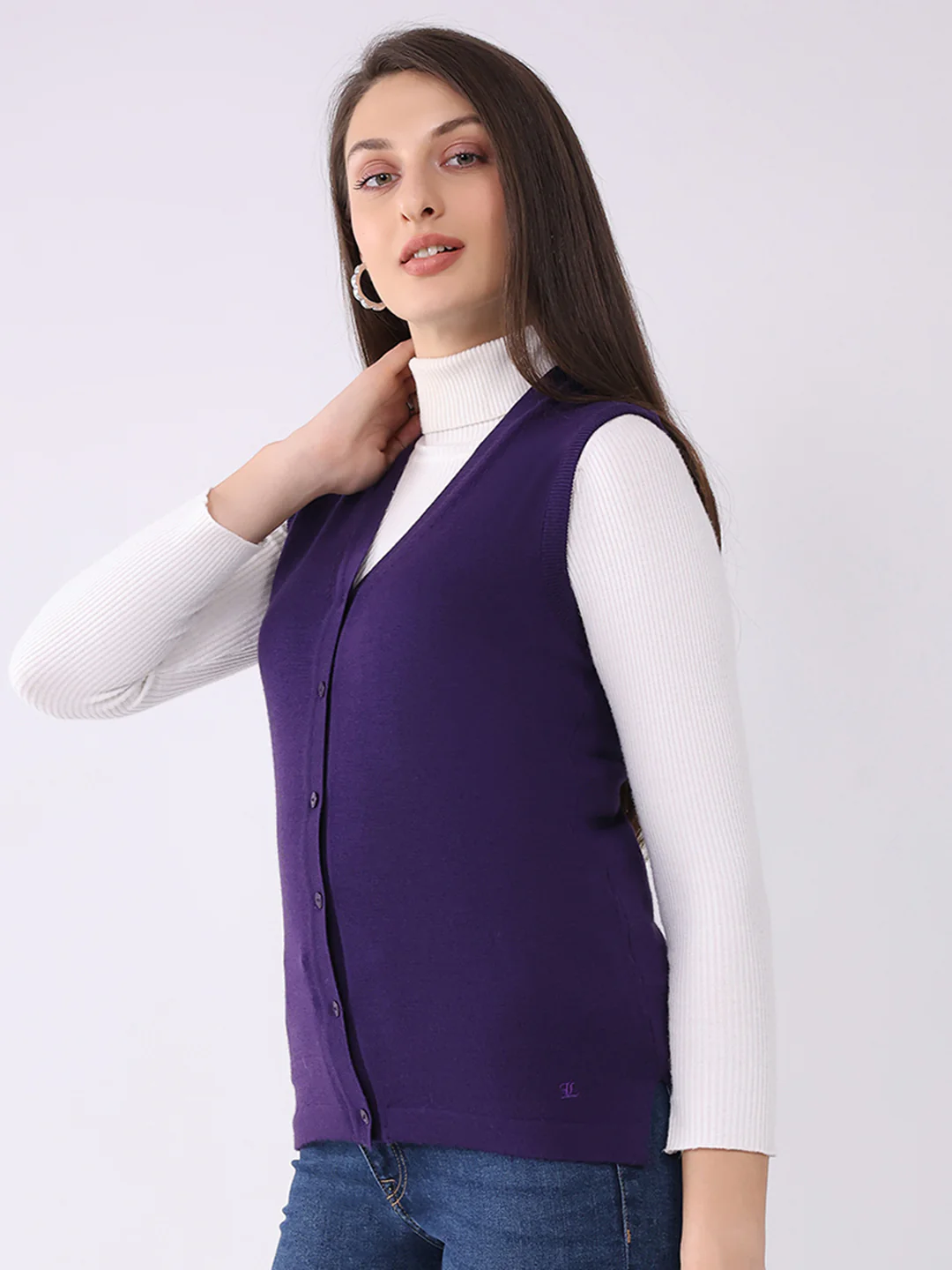 Luxuria Women Purple Solid V Neck Sleeveless Cardigan - Image 3