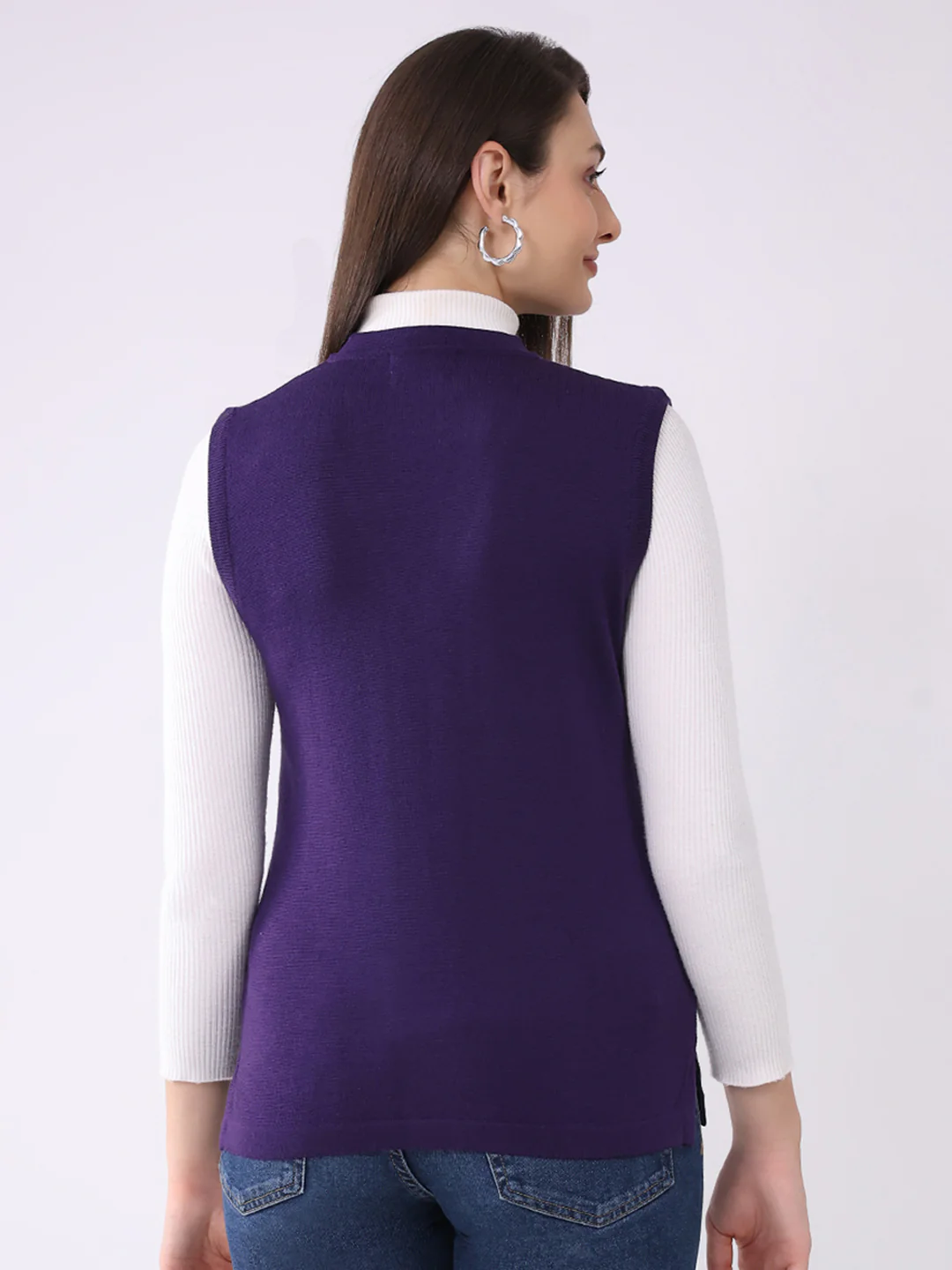 Luxuria Women Purple Solid V Neck Sleeveless Cardigan - Image 5